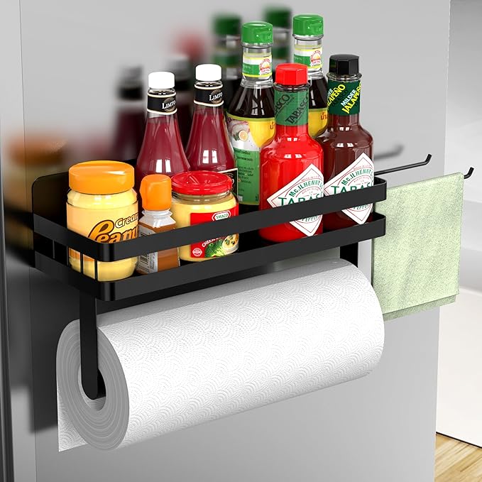 ZUNTO Magnetic Paper Towel Holder for Fridge, Black Kitchen Organizer with Towel Roll Holder, Spice Shelf and 2 Hanging Racks(No Drilling)