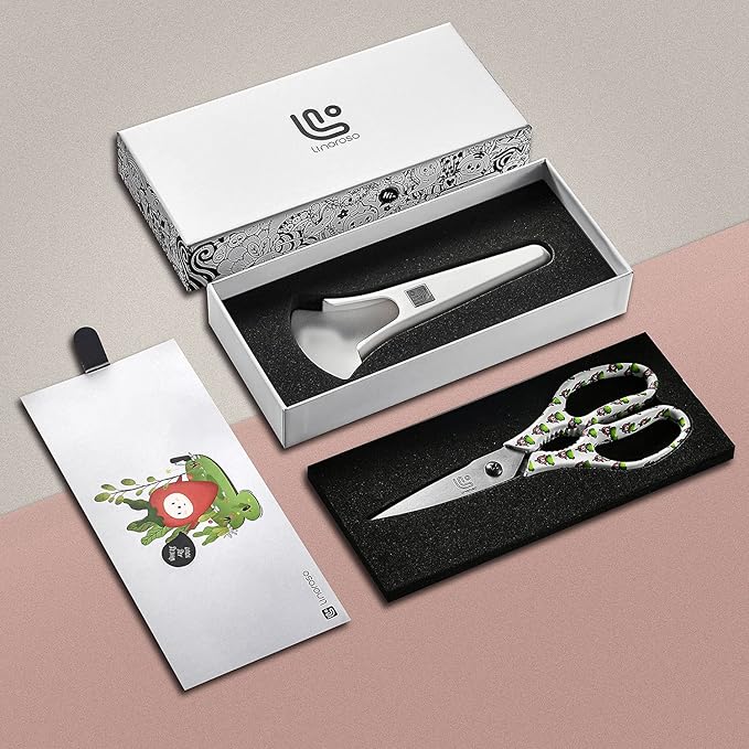 Linoroso Kitchen Scissors Heavy Duty Kitchen Shears with Magnetic Holder Made with Japanese Steel 4034, Multipurpose Ultra Sharp Cooking Scissors for Meat/Vegetables/BBQ/Herbs/Pizza (Graphic,Chili)