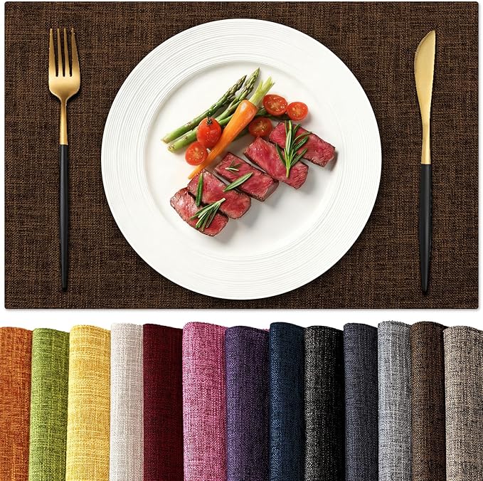 KXN Placemats Set of 4, Dual-Layer Thickened Faux Linen Table Mats, Heat Resistant & Wrinkle-Free, Machine Washable Cloth Place Mats for Kitchen Dining Indoor Outdoor (Brown)
