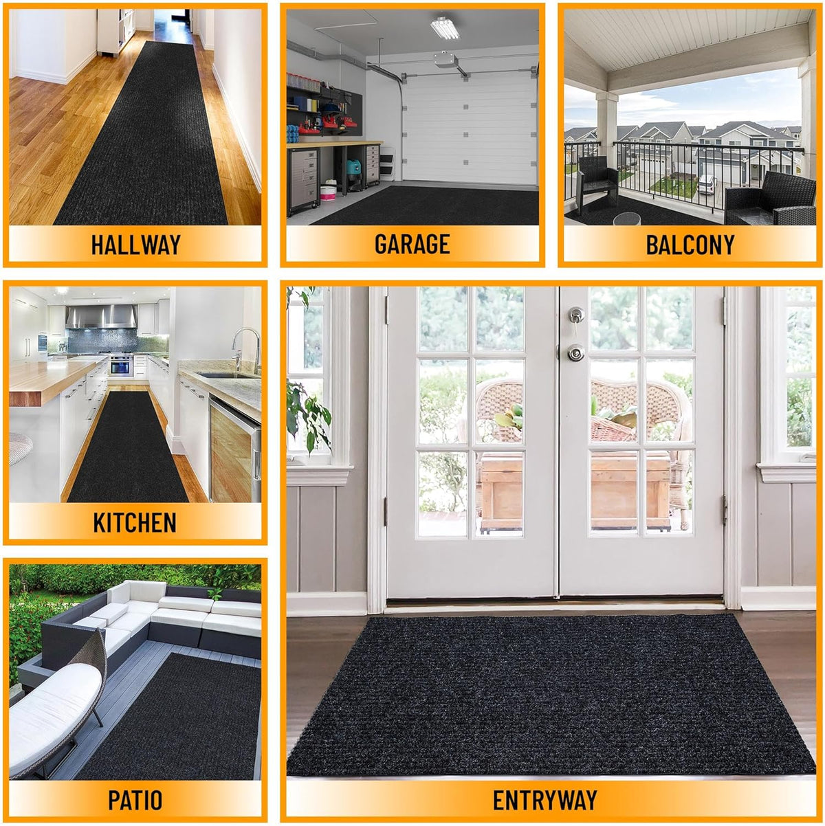 Ottomanson 2'7" x 20' Hallway Runner with Scraper Pile - Extra Durable Non-Slip Rug Mat for Indoor & Outdoor Use - Ideal for Kitchen, Entryway & Garage - High-Traffic Carpet, Black