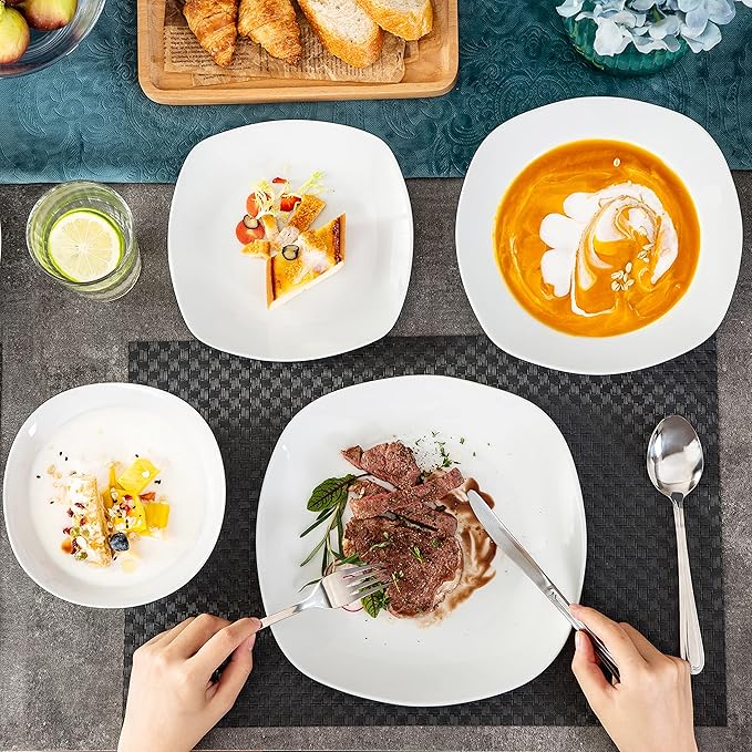 MALACASA Dinnerware Sets, 24-Piece Porcelain Square Dishes, Grey White Ceramic Dish Set for 6, Chip and Scratch Resistant Plates and Bowls Sets, Series ELISA