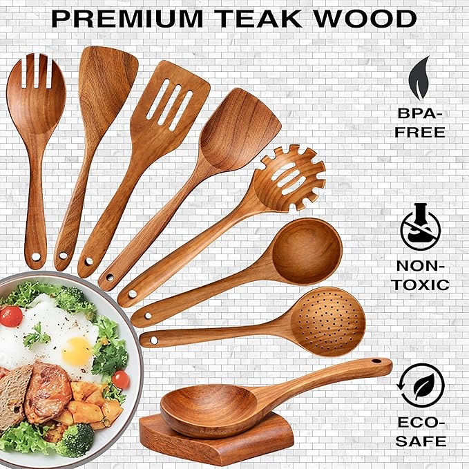 9-Piece Teak Wooden Utensil Set – Wooden Spoons for Cooking with Spoon Rest, Wooden Spatula, and Non Toxic Cooking Utensils – Premium Kitchen Utensils Set for Daily Use