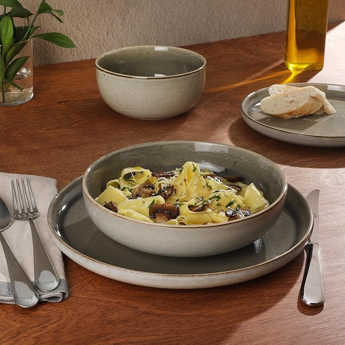 Gibson Elite Sunveil 16 Piece (Service for 4) Plates and Bowls Reactive Glaze Round Dishes Stoneware Ceramic Dinnerware Set -Taupe