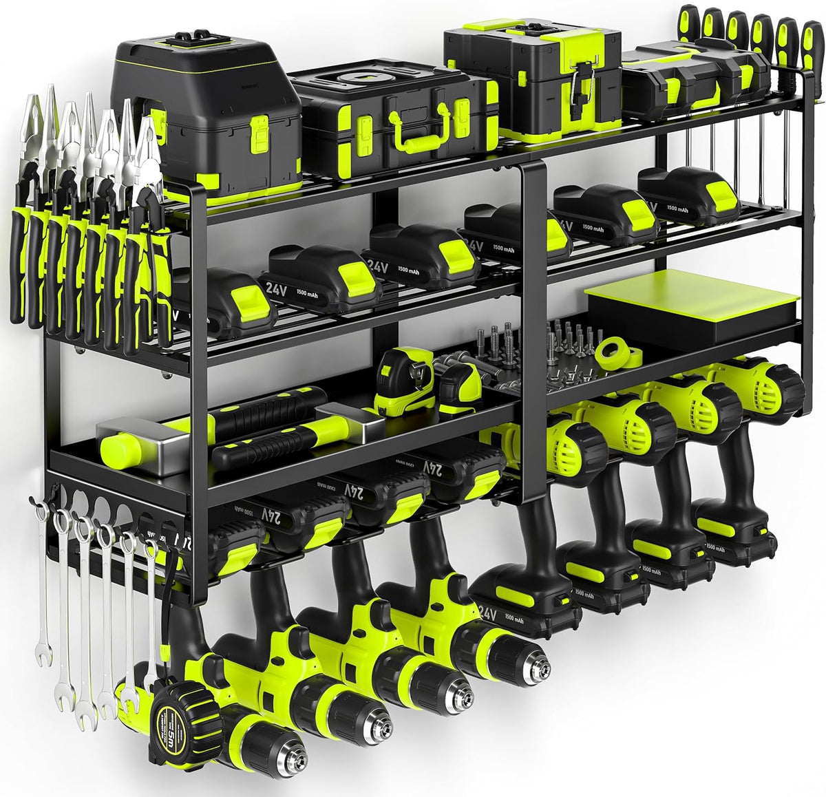 33" W Large Power Tool Organizer Wall Mount Loads 400 lbs, Heavy Duty 8 Drills Holder, 4-Tier Cordless Tool Battery Storage Shelf, Utility Racks for Garage Workshop Shed, Gifts for Men Husband