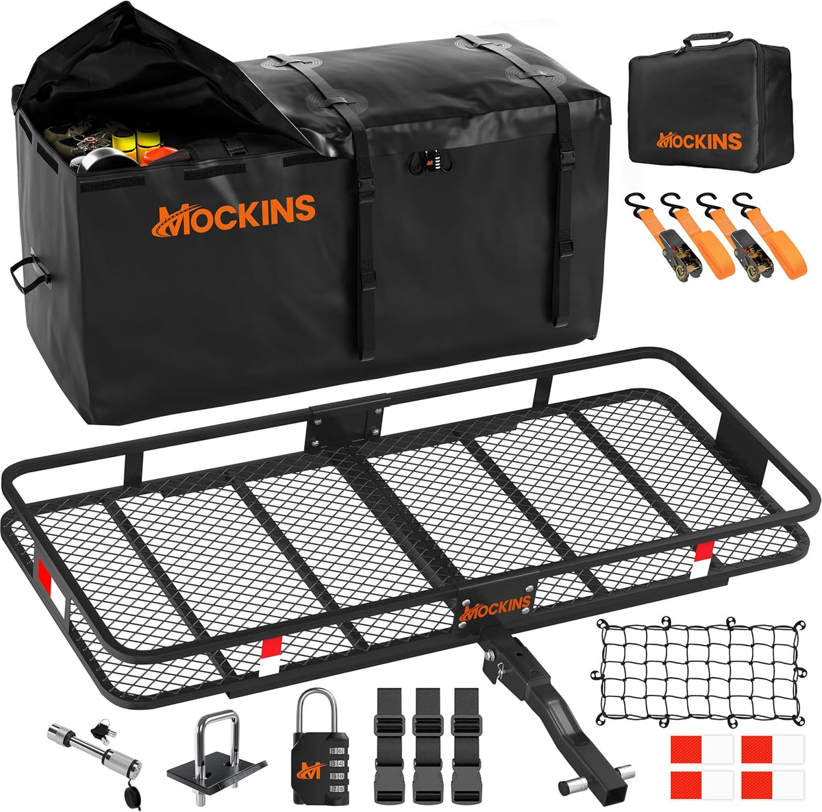 Mockins 60"x24"x6" Weatherproof Trailer Hitch Cargo Carrier & 25 Cu.Ft. Waterproof Cargo Bag | 500 Lbs. Capacity Folding Luggage Rack for Car Hitch w/All-Weather Truck Bed Storage Bag & Accessories