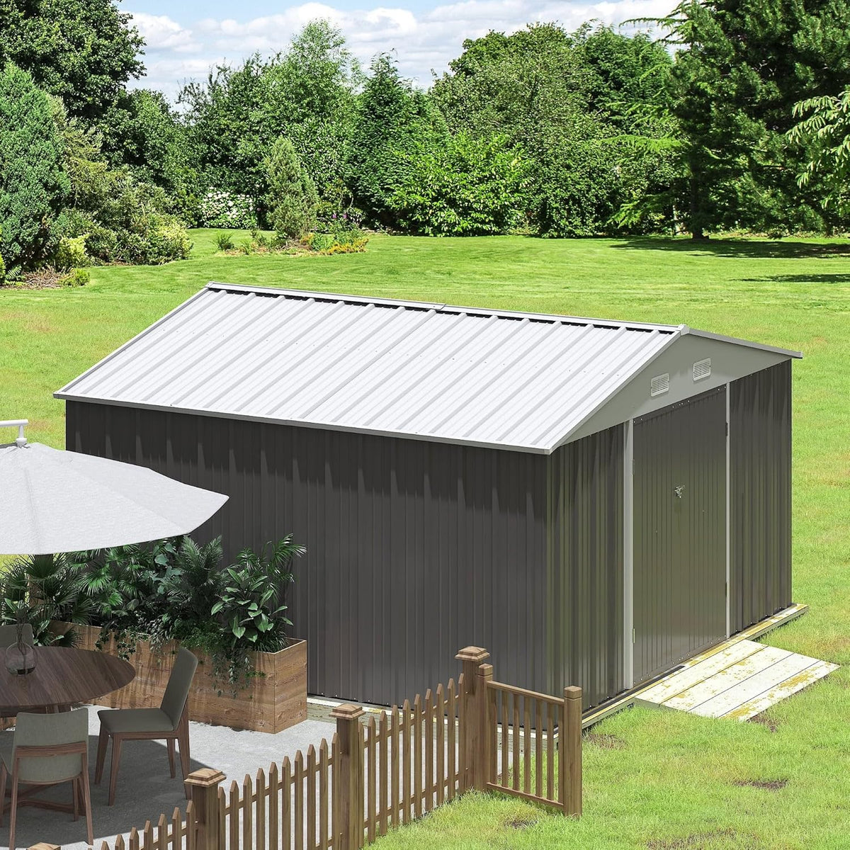 Greesum 10×10FT Outdoor Storage Shed, Metal Patio Storaged Sheds with Lockable Doors, Sheds & Outdoor Storage for Bike, Backyard, Pool and Garden, Gray
