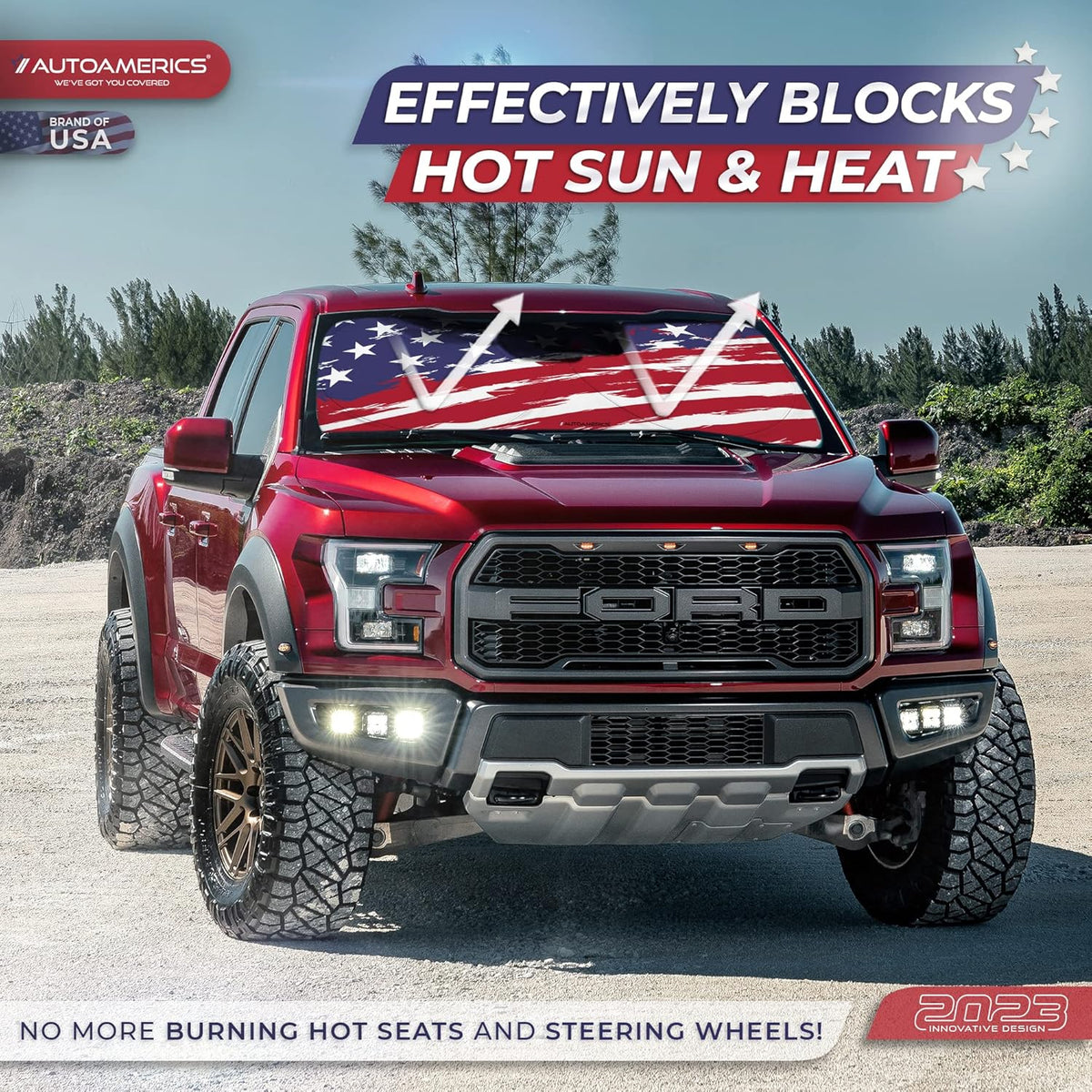 Autoamerics Truck Windshield Sun Shade with Storage Pouch & Anti-Slip Dash Pad - Foldable USA Art Flag-2 Design - Fits Most SUVs & Trucks - Blocks UV Rays and Keeps Car Cool | X-Large (66 x 36 inches)