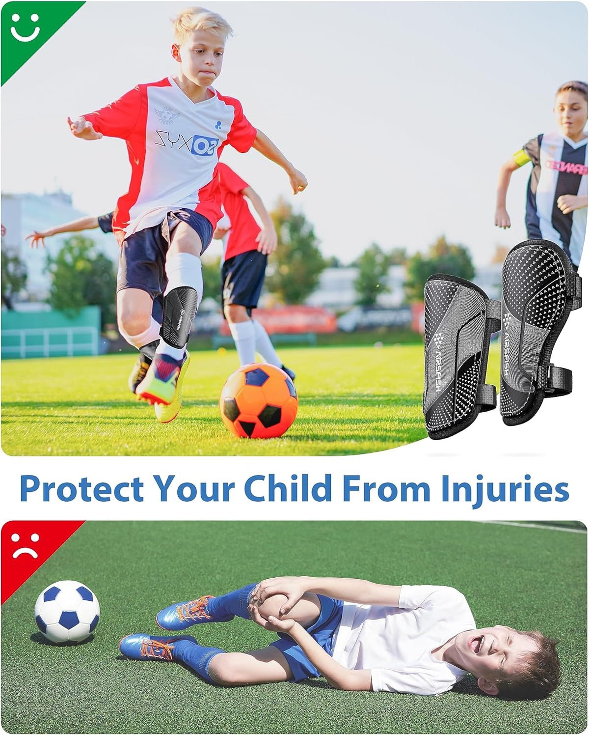 Shin Guards Soccer Kids Youth, CE Certified Airsfish Shin Guard Protection Gear for 2-18 Years Old Boys Girls Teenagers High Impact Resistant Breathable Comfortable 1 Pair 4 Sizes