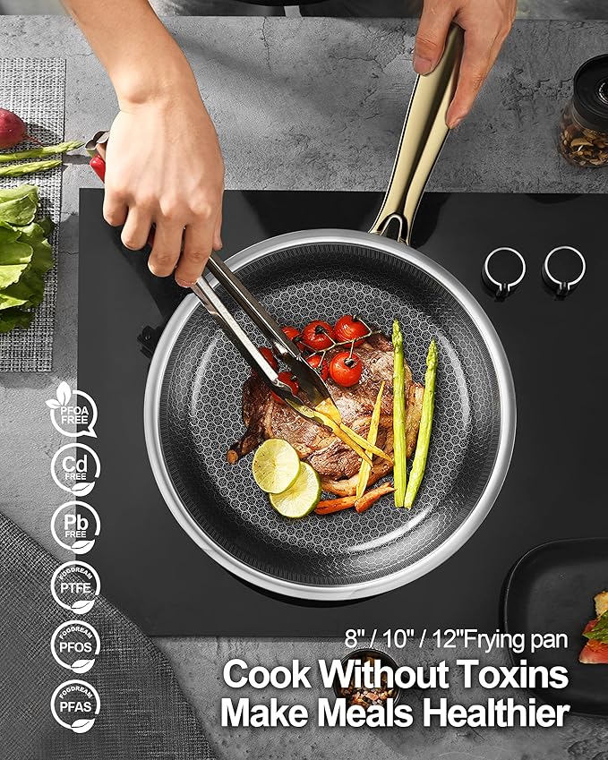 FogDream 8, 10, 12" Stainless Steel Frying Pan, Honeycomb Hybrid Nonstick Skillet for Induction & All Cooktops, PFAS/PFOA/PTFE Free, Oven Safe to 500°F, Stay-Cool Handle, Dishwasher Safe, Gold