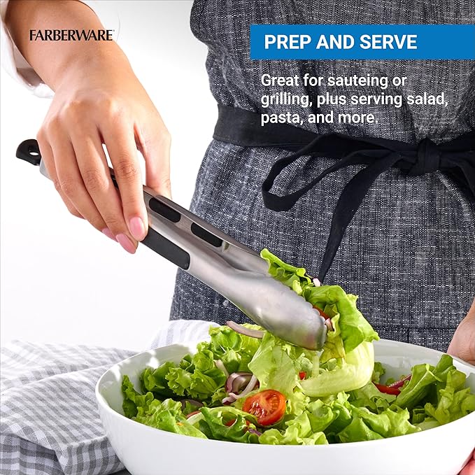 Farberware Stainless Steel Kitchen Tongs 9 Inch Locking Heat Resistant Ergonomic Handle Scalloped Tips Durable Dishwasher Safe Cooking and Serving Tool