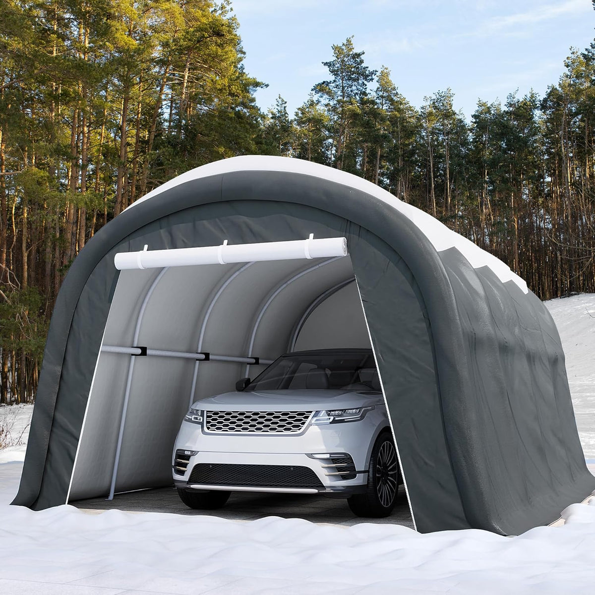 SUNBURY Carport, Round Portable Garage, Outdoor 13x20 ft Heavy Duty Carport, Tensioner and 2 Roll Up Doors Waterproof PE Fabric Car Port, Garage, Storage Shed, Tent for Storage, SUV, Grey
