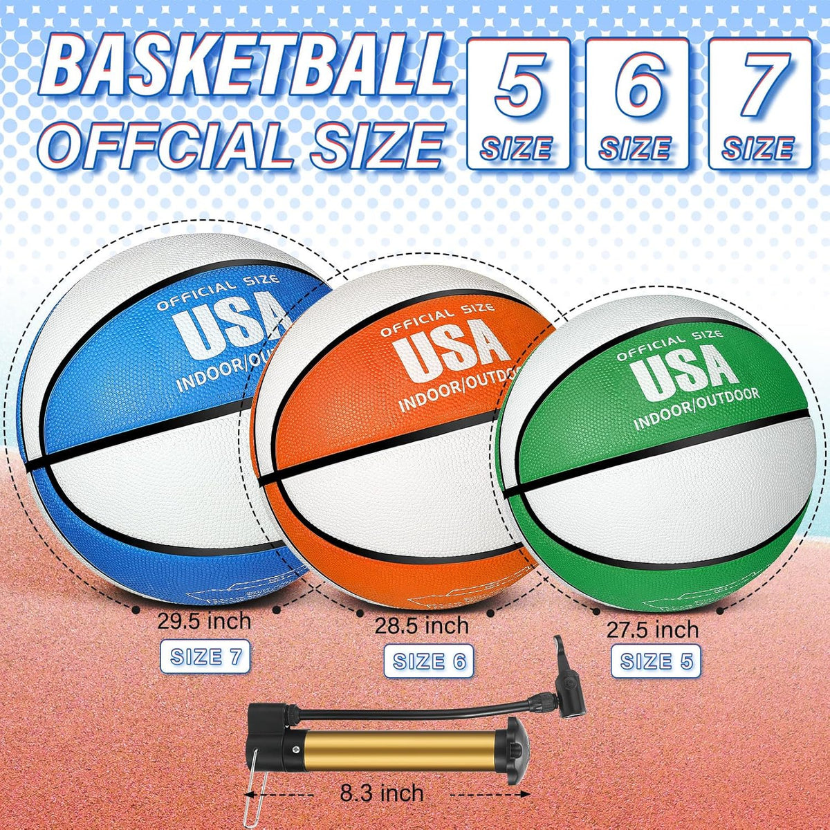 Libima 6 Pcs Official Basketball Indoor Outdoor 2 Color Printed Rubber Basketball with Pump for Game Practice Training Kids Adults Back to School