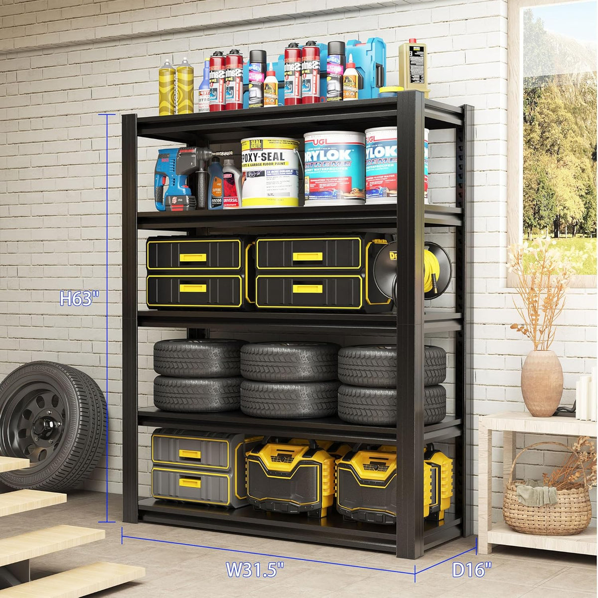 Metal Storage Shelving Heavy Duty, Shelves Unit for Garage, Adjustable 5 Tier Storage Rack, Industrial Utility Shelf for Garage, Warehouse, Basement, Kitchen,15.7"D x 31.5"W x 63"H, Black