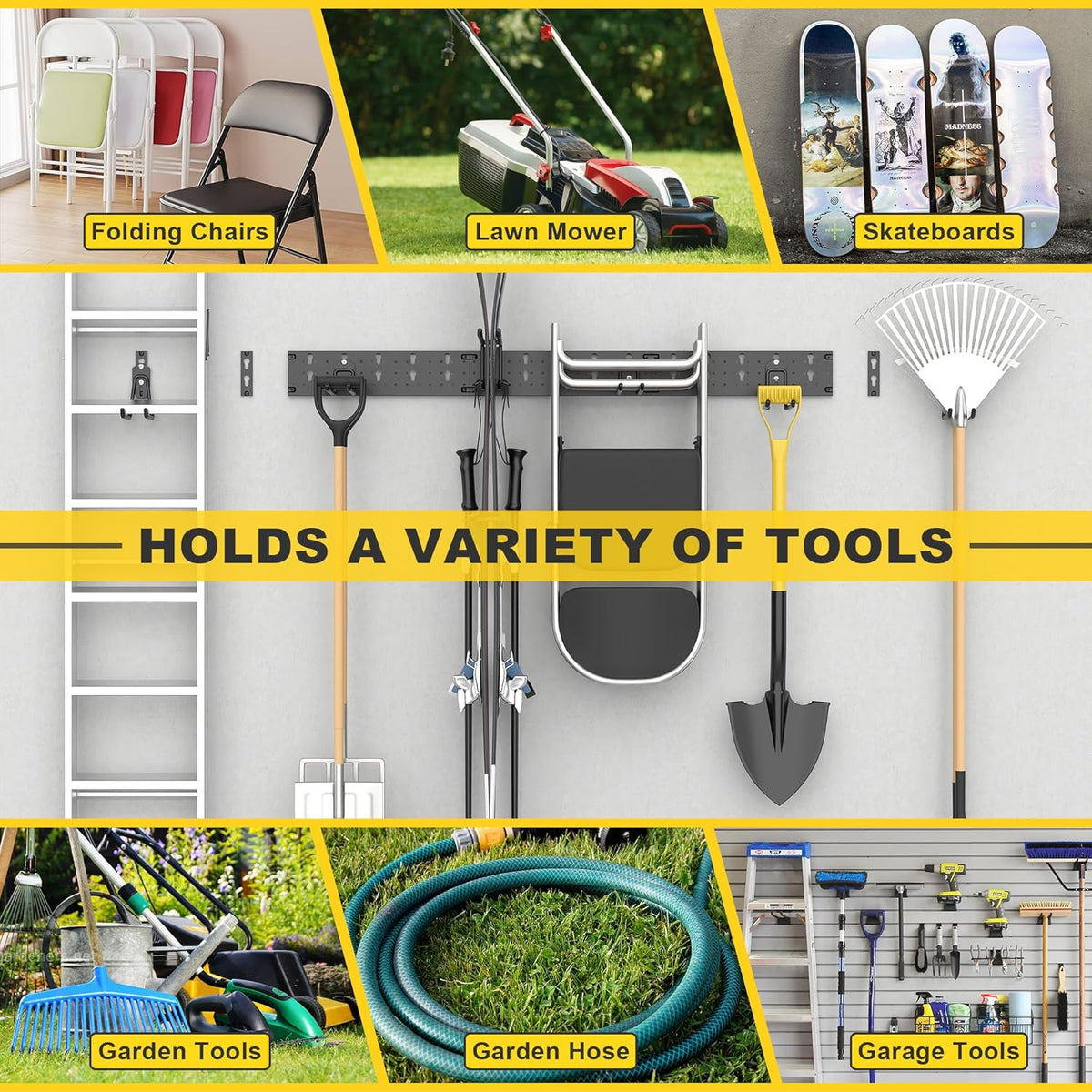 Ultrawall Garage Storage Organization, Versatile Storage Hooks Garden Tool Organizer Wall Mount, 48 Inch Yard Tool Organizer Hangers for Shovels, Rakes, Ladders, 15pcs Black