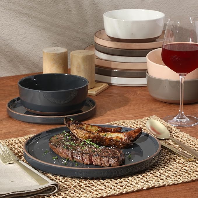 Gibson Elite Northrock Stoneware Dinnerware Set, 16-Piece Service for 4 Plates and Bowls Set – Assorted Colors Blue, White, Pink, Gray Dishes with Hand-Painted Terracotta Base