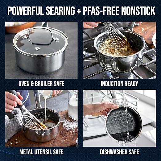 Blue Diamond Hybrid Nonstick Stainless Steel 2QT Saucepan with Glass Lid, PFAS-Free Ceramic Diamond Bond Pot, Dishwasher Safe, Stay-Cool Handle, Induction Ready, Compatible with All Cooktops