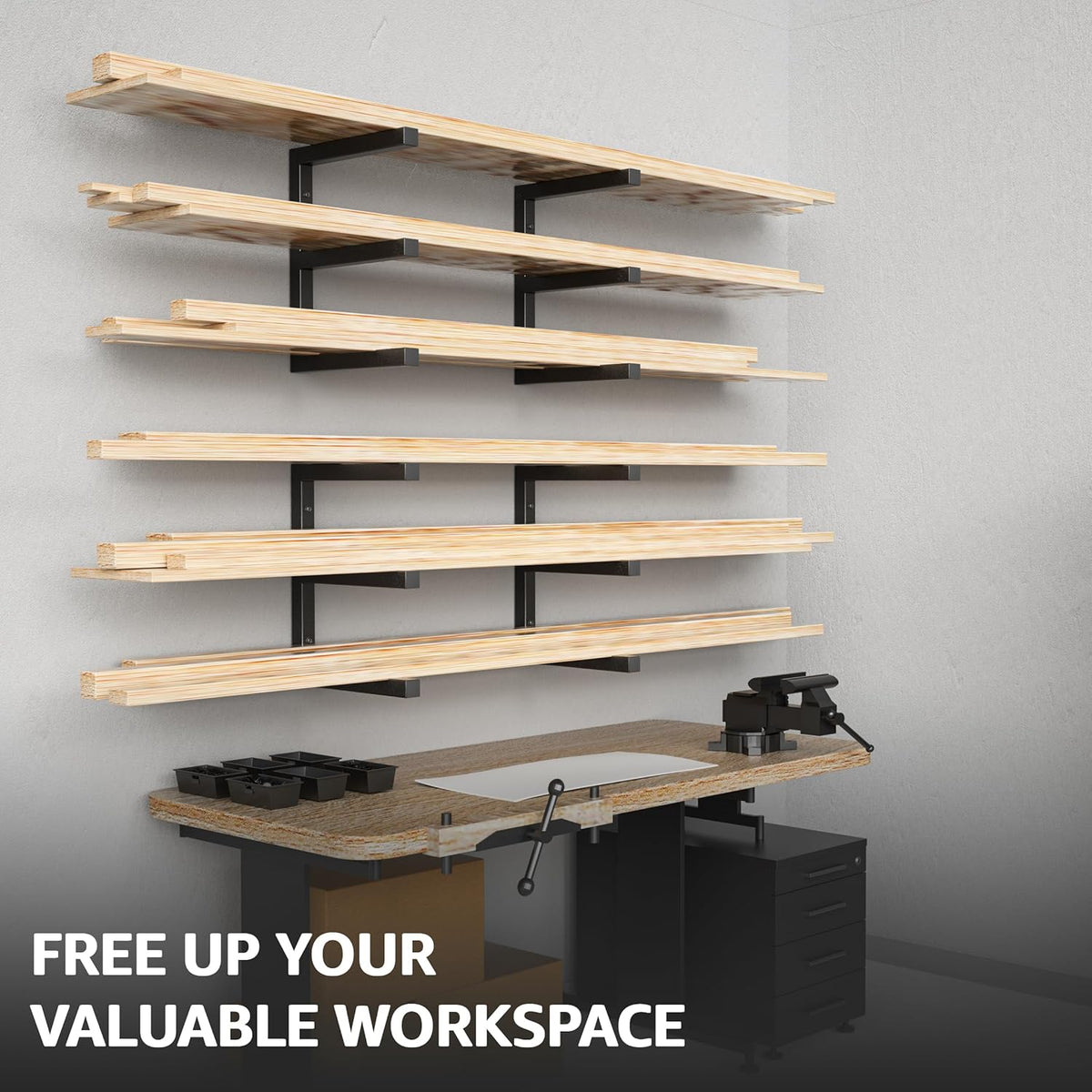 YYR Wood Organizer and Lumber Storage Rack Wall Mount, Heavy Duty Metal Shelf with 6-Level Holds Up 1200 LBS, Indoor & Outdoor Use - Black