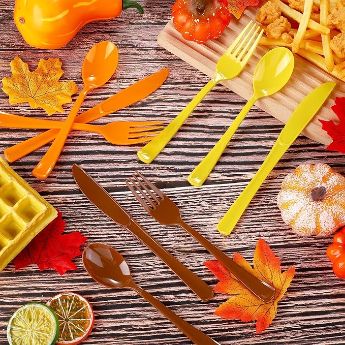 300 Pieces Thanksgiving Plastic Silverware Fall Heavy Duty Utensils Set Heavyweight Disposable Flatware Includes Orange Yellow Brown Spoons Forks Knives for Thanksgiving Dinner Party Supplies