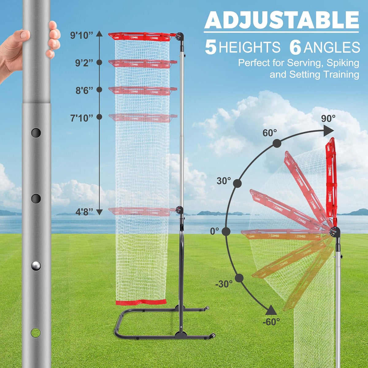 Volleyball Setter Trainer Net Setting Training Equipment Target Practice Indoor or Outdoor, Adjustable Height (4.6 ft-9.8 ft) and Angle for Serving Spiking Drills System
