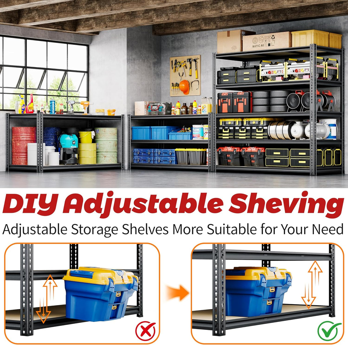 48"W Garage Shelving, 2650LBS Storage Shelves heavy duty, 5 Tier Metal Shelving Unit Adjustable Garage Shelves Heavy Duty Shelving for Warehouse,Commercial, Kitchen, 48" W × 24" D × 72" H, Black，2PCS