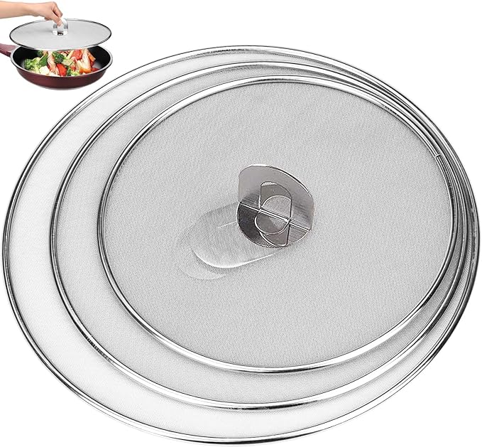 3 Pack Splatter Screen for Frying Pan 13" 11.5" 9.8" Stainless Steel Grease Splatter Guard Ultra Fine Mesh Lids with Fold Flat Knob Set for Prevent Oil Splatter