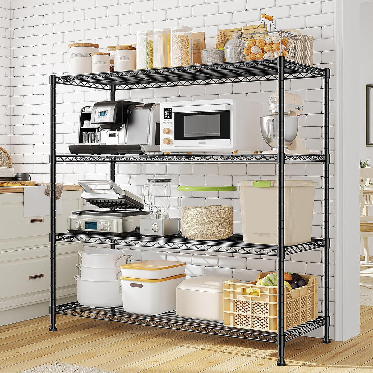 45 "W Metal Shelving Unit 4 Tier Storage Shelves Adjustable Wire Shelving Metal Shelf Pantry Shelves Wire Rack Commercial Shelving for Kitchen Pantry Utility Room Garage 45 "W x 59.4 "Hx 13.5" D Black