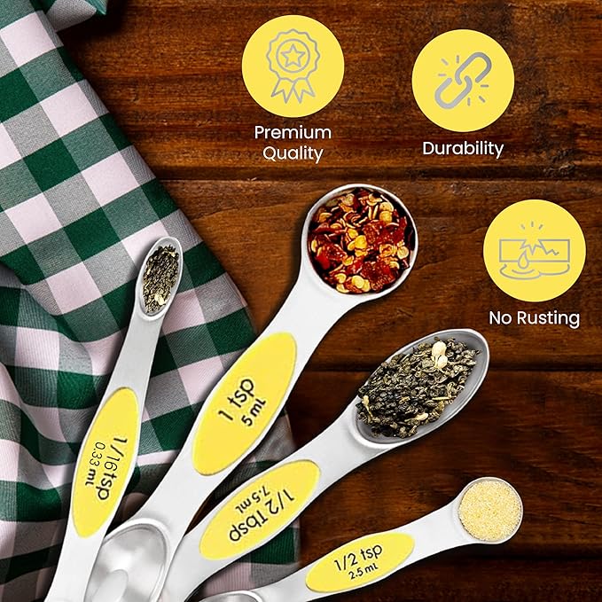 Magnetic Measuring Spoons Set of 9 Stainless Steel Dual-Sided Stackable Measuring Spoon Nesting Teaspoons Measuring Dry and Liquid Ingredients, Fits in Spice Jars Set of 9 (Yellow)
