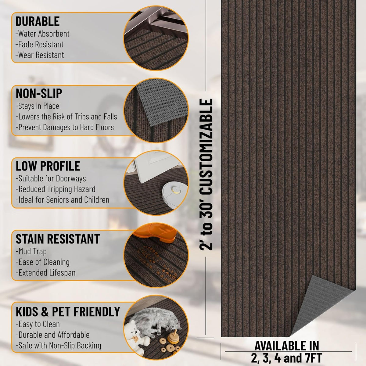 Ottomanson 2'7" x 53' Hallway Runner with Scraper Pile - Extra Durable Non-Slip Rug Mat for Indoor & Outdoor Use - Ideal for Kitchen, Entryway & Garage - High-Traffic Carpet, Brown