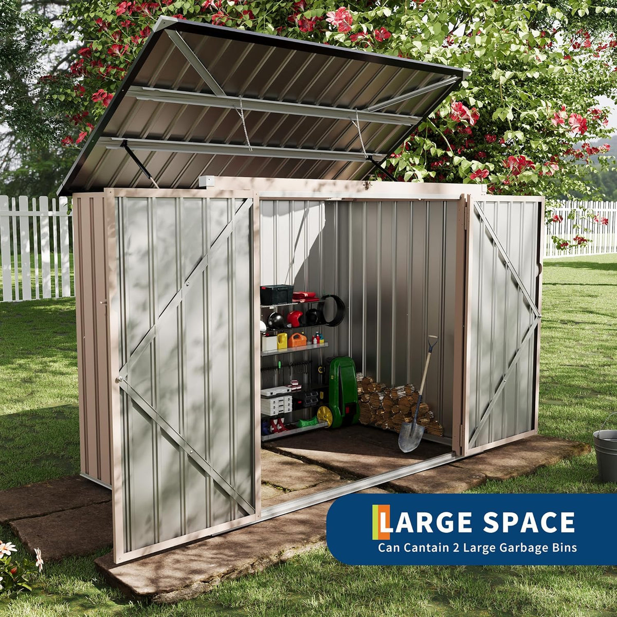 3x6 FT Garbage Bin Shed Stores, Outdoor Trash Can Storage 2 Binsgarbage Bin Storage Shed, Metal Trash Shed Waterproof Outside Storage