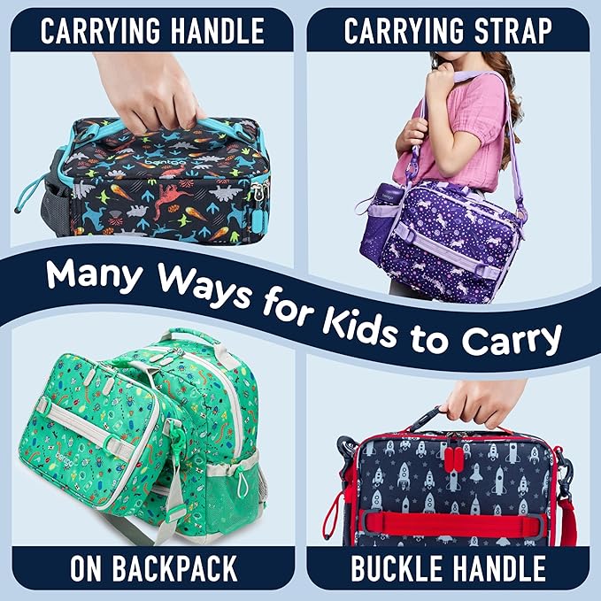 Bentgo Kids Lunch Bag - Durable, Double-Insulated Lunch Bag for Kids 3+; Holds Lunch Box, Water Bottle, & Snacks; Easy-Clean Water-Resistant Fabric & Multiple Zippered Pockets (Rocket)