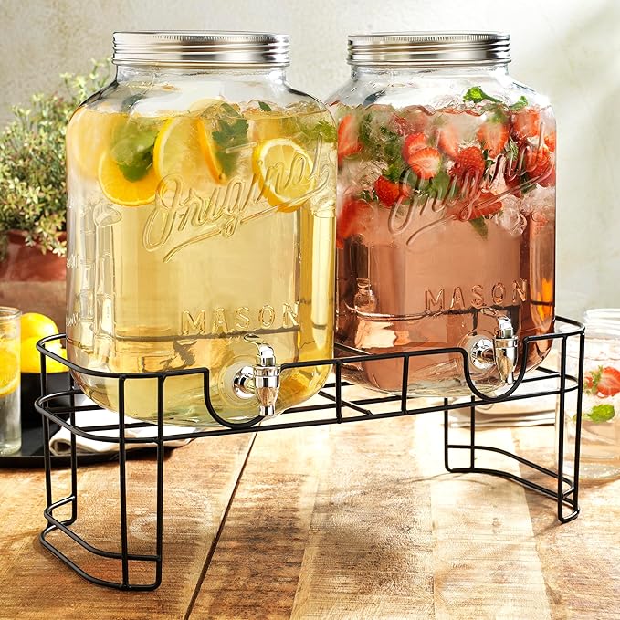 MosJos 2 GALLON Glass Drink Dispensers for Parties, 2 Pack Mason Jar Beverage Dispensers with Metal Stand, Glass Water Dispenser with Spigot, Laundry Detergent Dispenser