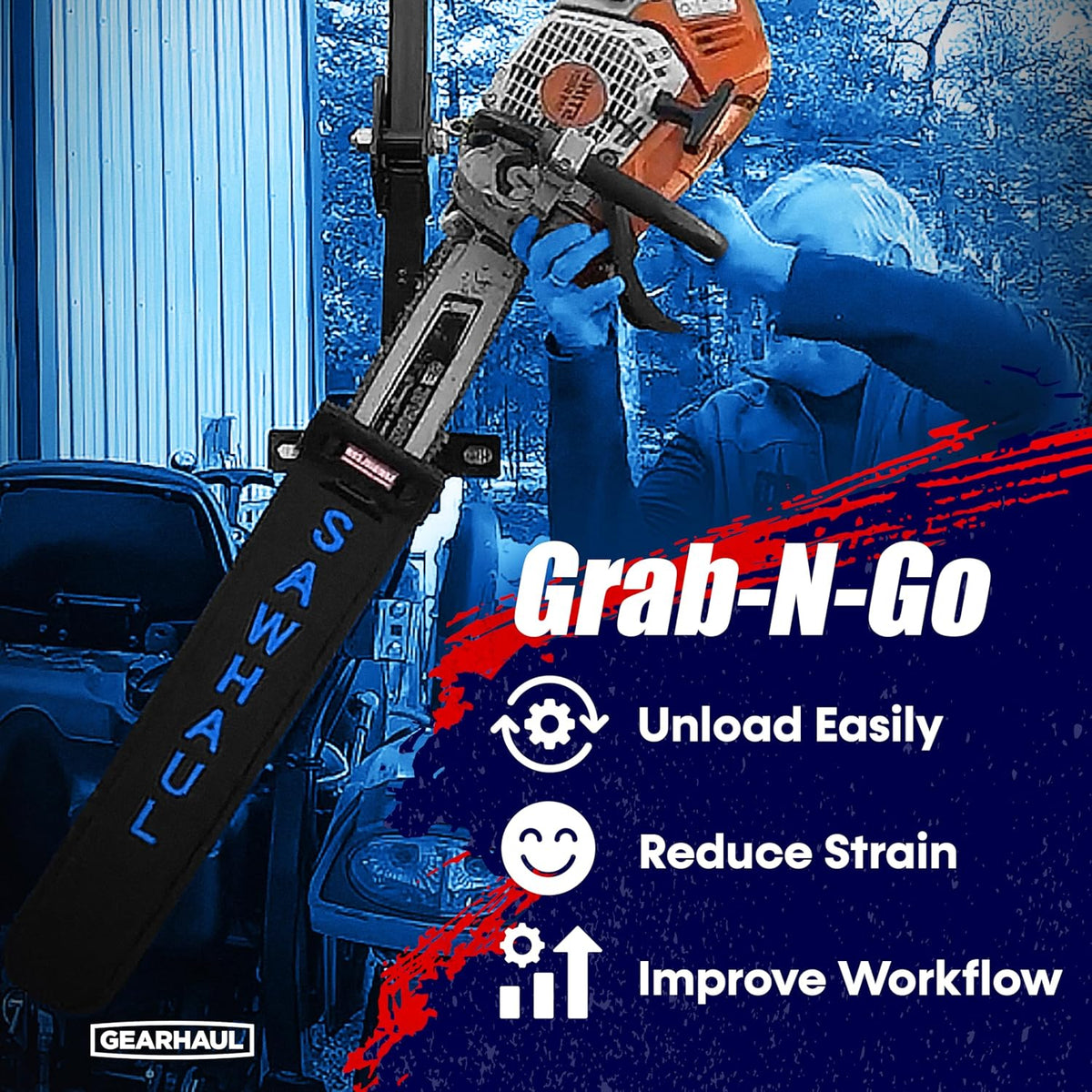 SawHaul Snap-Lok Universal Chainsaw Carrier Kit for Tractors and Skid Steers – 28 Inch Blue Scabbard with Rotating Mount – Compatible with All Chainsaw Brands – Made in USA