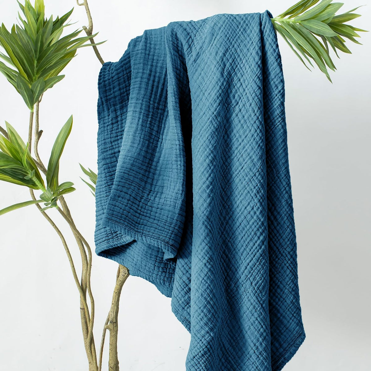 Carriediosa 100% Cotton Muslin Throw Blanket 90" X 90" Queen Size，4-Layers Summer Gauze Throws for Bed Couch，Soft Lightweight Breathable Linen Blankets Bedspread for Adults All Season，Dusty Blue