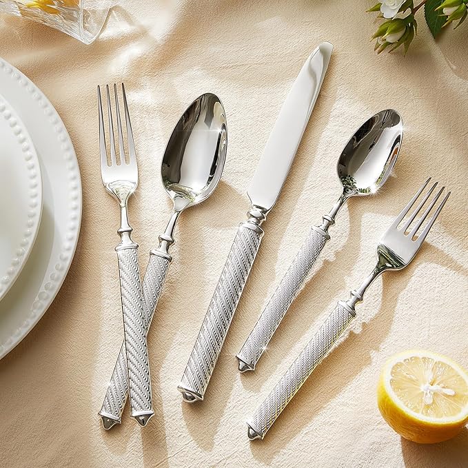 KINGSTONE Retro Rope-Pattern Silverware Set, 10-Piece Flatware Set Cutlery Set Forged with Handcrafted Texture Handles 18/10 Stainless Steel, Dishwasher Safe