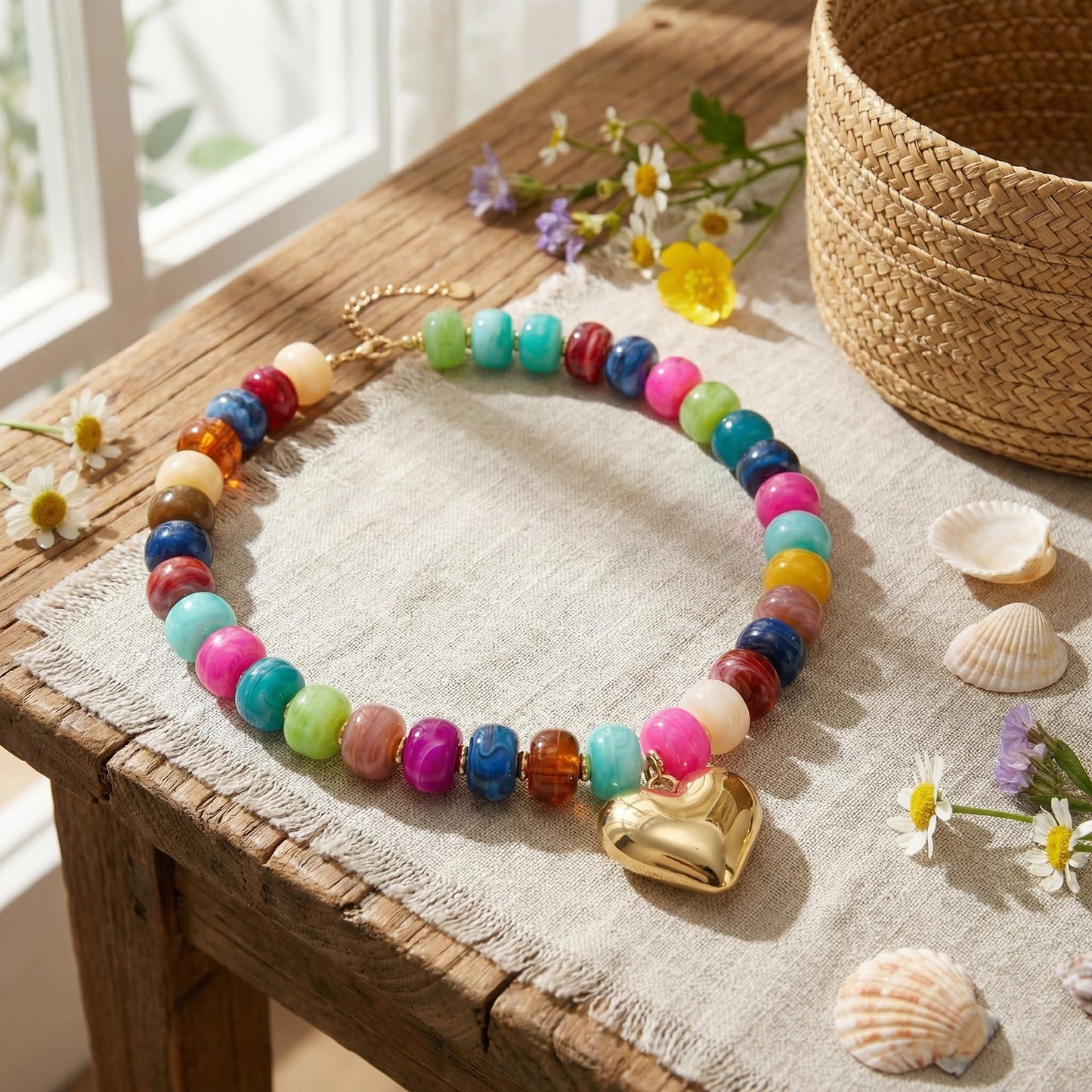 Frigotine Chunky Heart Necklace for Women Colorful Resin Beaded Choker Gold Puffy Heart Statement Trendy Acrylic Jewelry