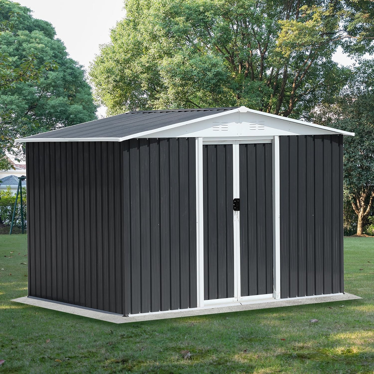 8x6 FT Outdoor Storage Shed,Metal Shed with Sliding Door & Air Vent,Garden Shed W/Sloped Roof,All Weather Waterproof Tool House for Backyard,Patio,Garage,Lawn,Grey