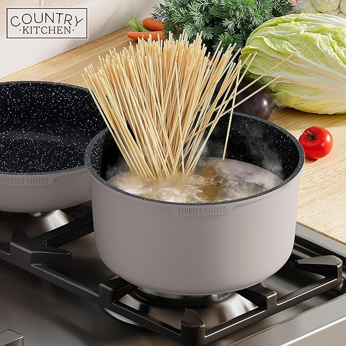 Country Kitchen Cookware Set with Removable Handle, Oven & RV Safe Pots and Pans Set, Grey/Black, Original