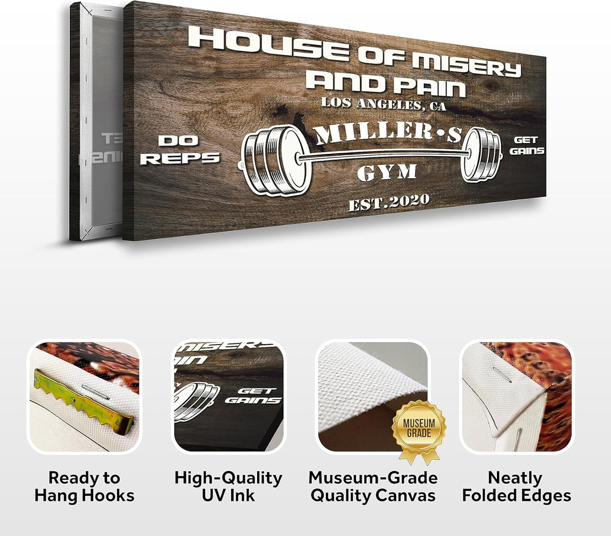 Tailored Canvases Personalized Gym Sign Wall Art Decor - Motivational Canvas for Home Gym, Workout Room, Garage, Fitness Center - Workout Inspirational Posters - House of Misery and Pain, Wooden 48x16in