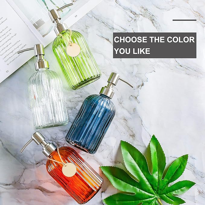MOCLIF 16 OZ Soap Dispenser，Tempered Glass Clear Vertical Stripe with 304 Rust Proof Stainless Steel Pump Refillable Liquid Hand Soap Dispenser，for Bathroom, Kitchen, Dish Soap，Lotion (Orange)