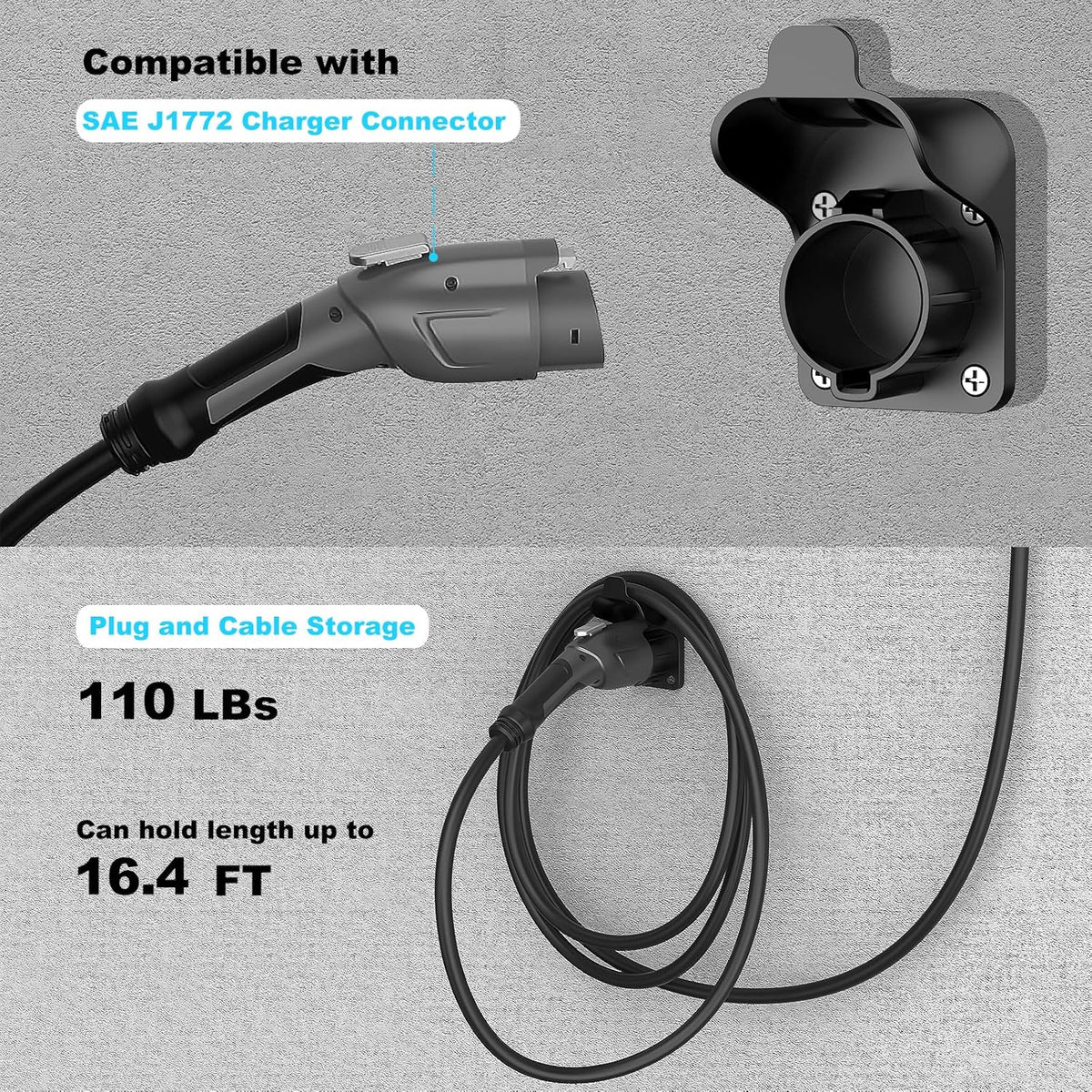J1772 EV Charger Holder Wall-Mount for Garage Wall/Outdoor Post, Electric Vehicle Charger Nozzle Holster Dock Hook for All J1772 EVs Cable/Cord Plug & Connector Hanger Bracket Waterproof