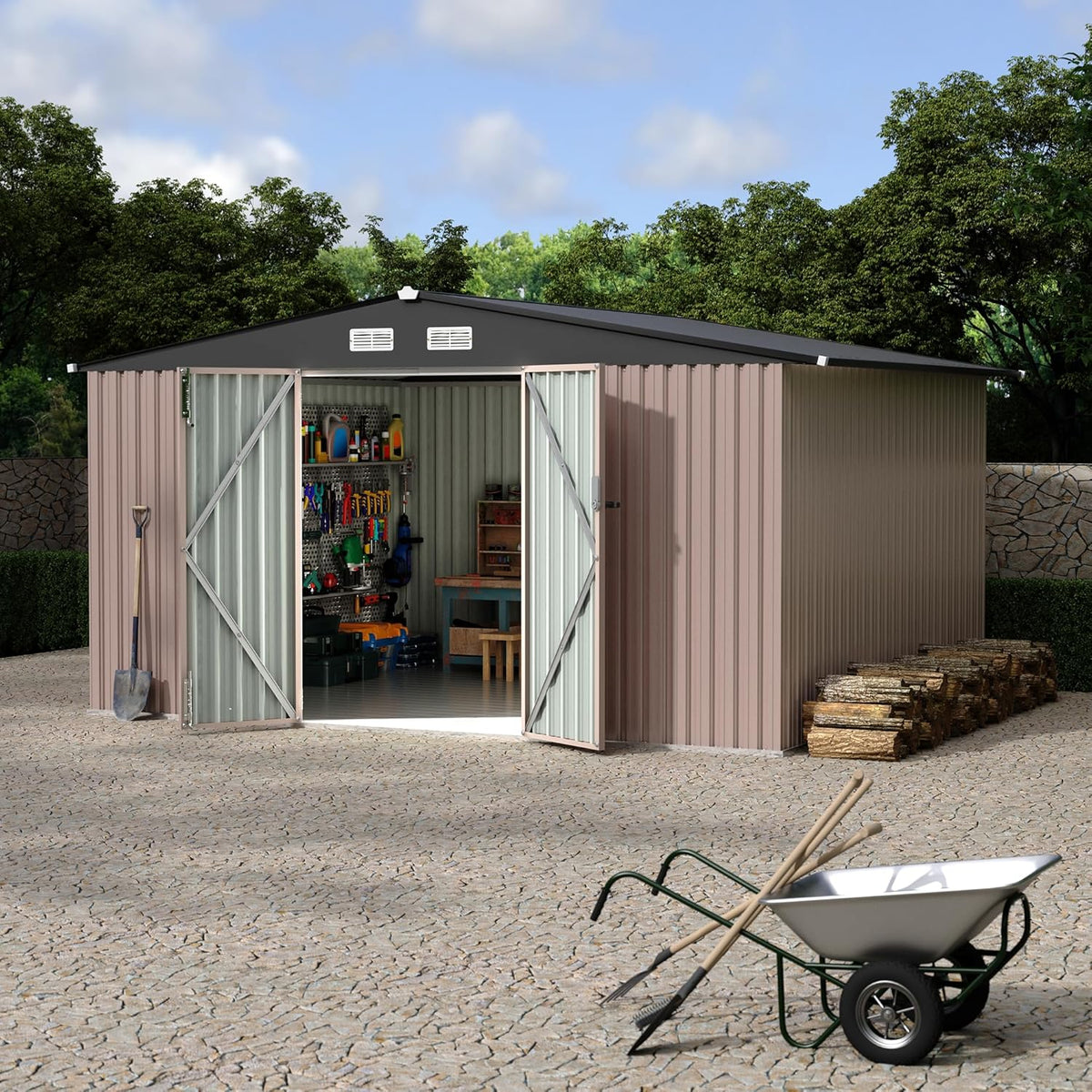 10x12x6.4 FT Outdoor Storage Sheds with Floor, Metal Garden Tool Shed for Backyard, Large Metal Sheds Outdoor Storage With Lockable Doors & Air Vents for Backyard Garden Patio Lawn