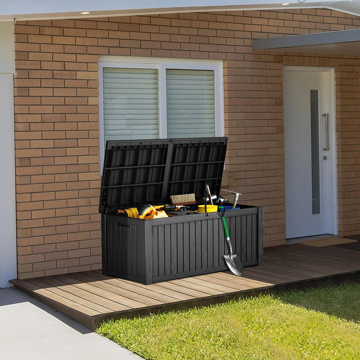 180 Gallon Lockable Resin Deck Box, Waterproof & UV-Resistant Outdoor Storage Box for Outdoor Cushion Storage, Garden Tools & Pool Accessories Storage, Black