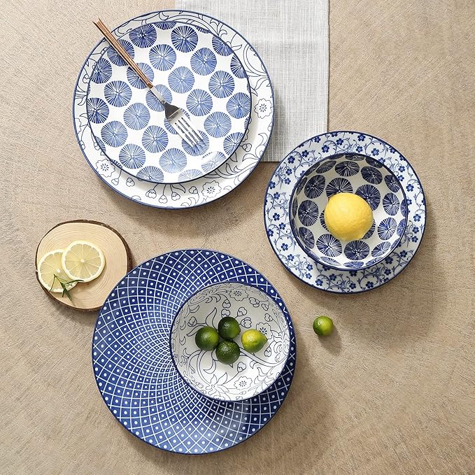 Selamica Ceramic Dinnerware Sets, 12-Pieces Plates and Bowls Sets, Scratch Resistant Dishes set for 4, Dishwasher & Microwave Safe,Vintage Blue