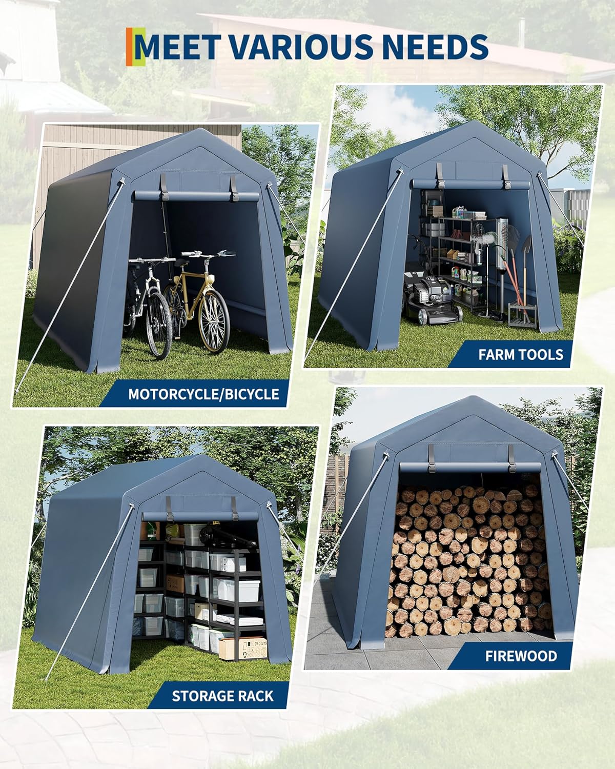 10x10FT Outdoor Storage Shed, Portable Carport with Roll-up Ventilated Zipper Door and Windows, Heavy Duty Waterproof Tarp, Storage Sheds for Motorcycle, Bike, Firewood, Garden Tools