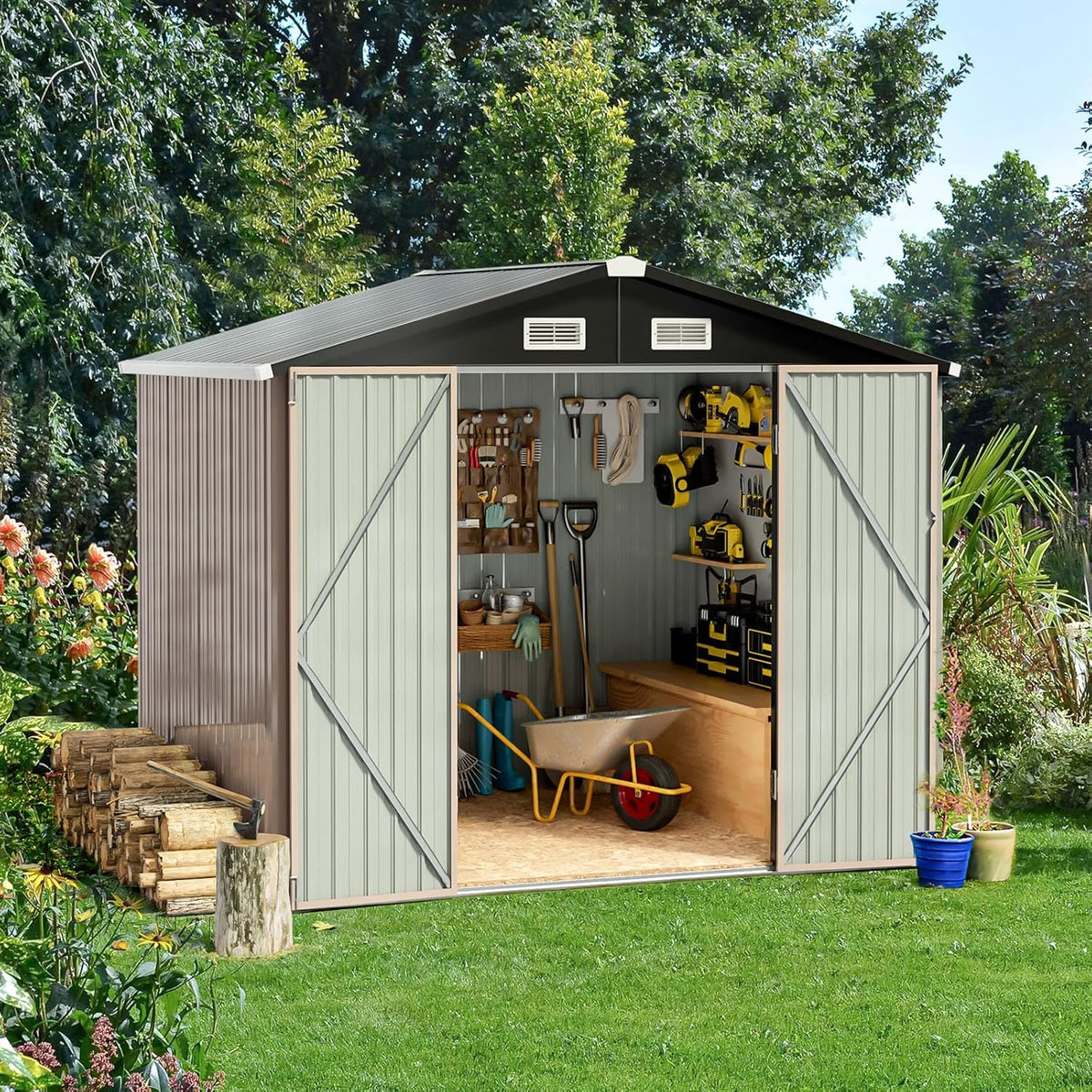 6x4 FT Outdoor Storage Shed with Lockable Double Doors & Loping Roof, Outdoor Metal Shed for Bike, Tool, Generator Storage in Backyard, Patio (6’x4’)