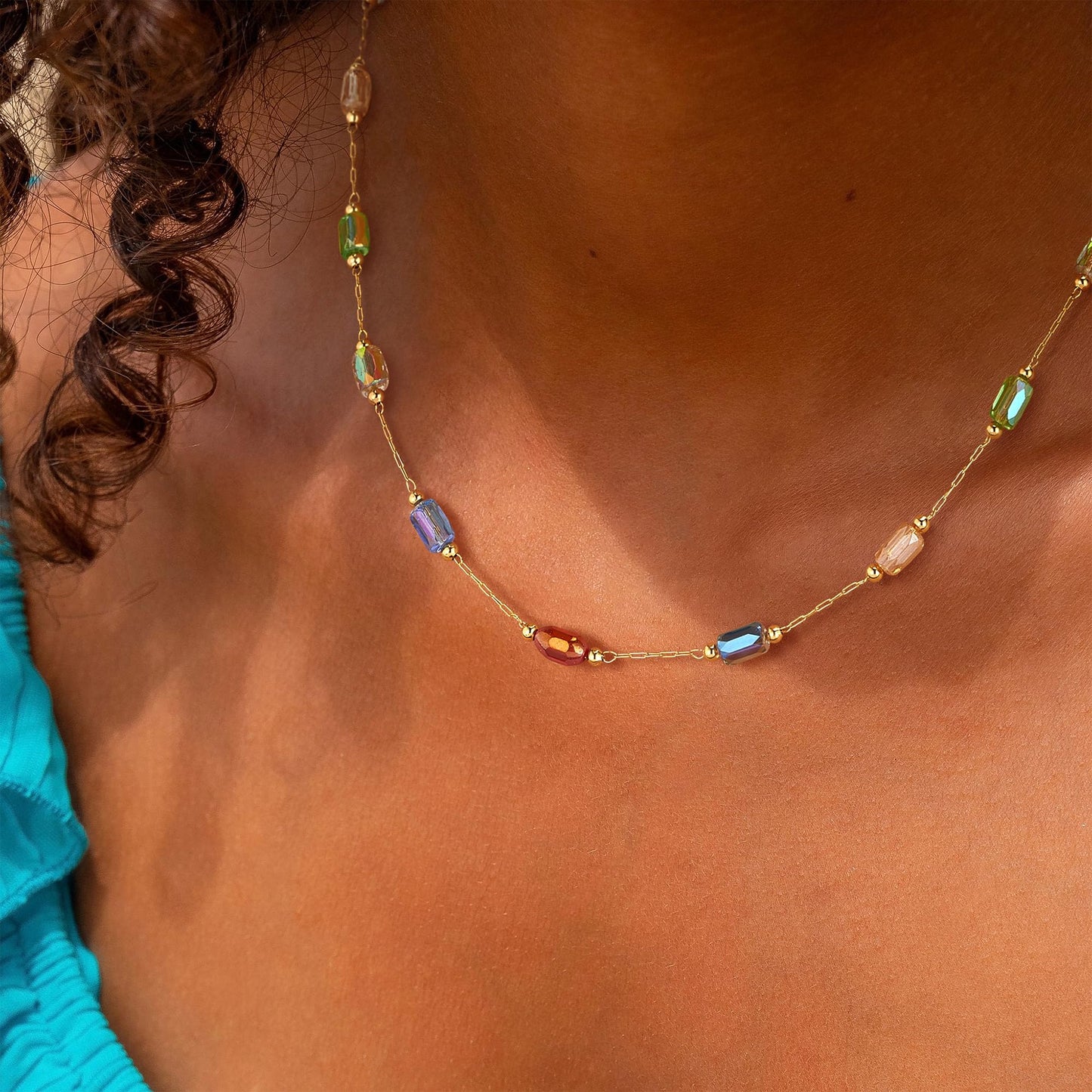 MTMY Beaded Necklaces for Women 14K Gold Plated Dainty Colorful Green/Rose Beaded Pearl Choker Necklace Delicate Boho Choker Necklace Jewelry Gift (mixed color cuboid)