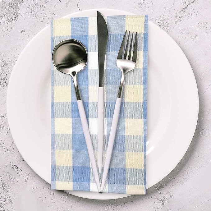 Urban Villa Cloth Napkins 100% Cotton Dinner Napkins Highly Absorbent 20x20 Inches (Set of 12) Blue Sand Buffalo Checks Reusable Washable Soft Durable Premium Quality Ideal for Home Wedding Parties