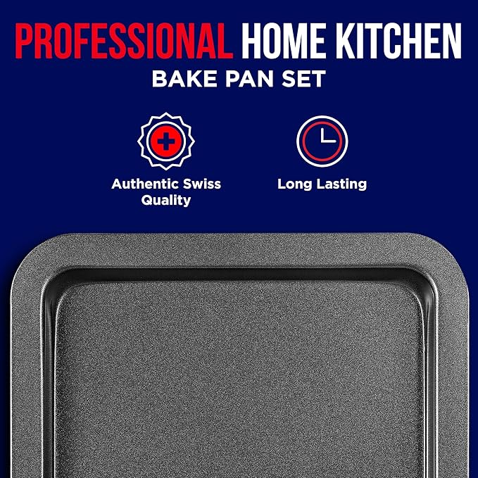 3 Piece Set Nonstick Carbon Steel Oven Bakeware -Professional Quality Kitchen Cooking Baking Trays -PFOA, PFOS, PTFE-Free Small, Medium & Large Baking Sheet Pans