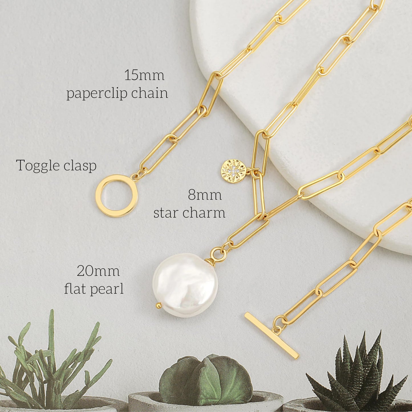 Flat Coin Pearl Pendant Necklace, 18k Gold Plated Paperclip Chain Necklace, Dainty Star Charm Necklace