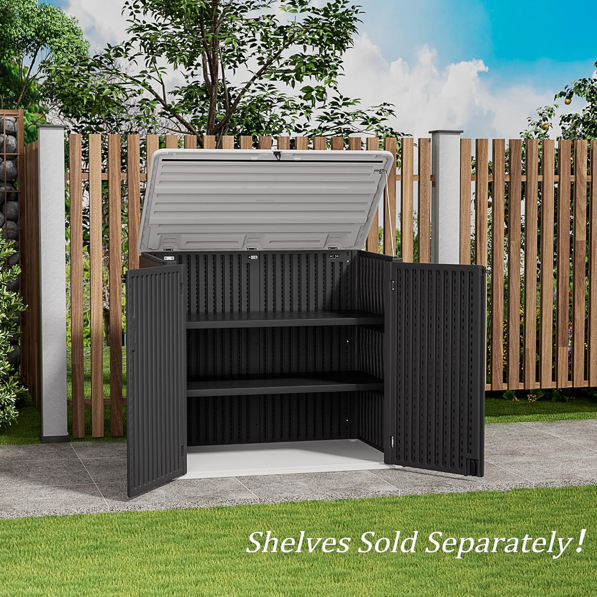 HOMSPARK Storage Shed Weather Resistance, Multi-Purpose Outdoor Storage Cabinet for Backyards and Patios, Horizontal Storage Shed for Lawnmower, Patio Accessories (Black & White, X Large - 48 cu.ft)